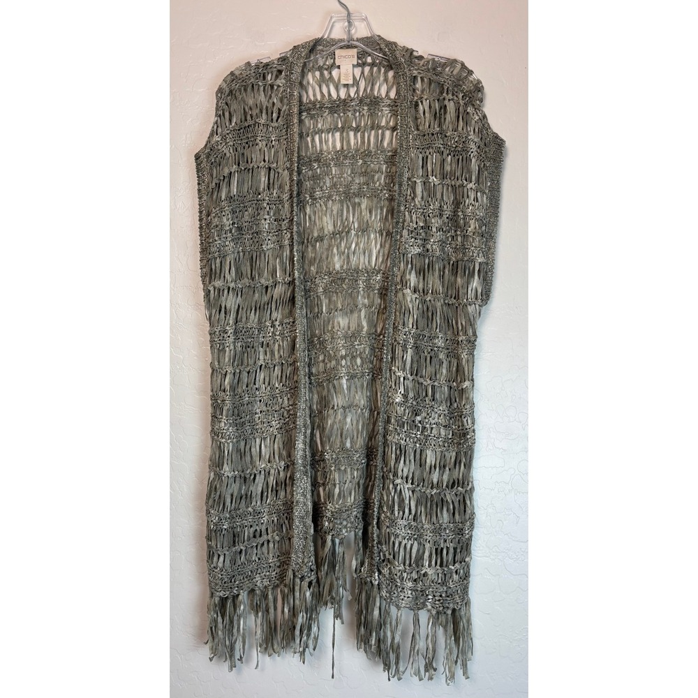 Chico's Women Sage Green Ribbon Knit Fringe Open Longline Vest Size 3/XL 2211